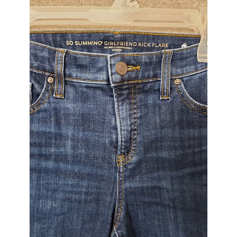 Chicos So Slimming Girlfriend Kick Flare Jeans Womens 0 US 4 Blue Dark Wash